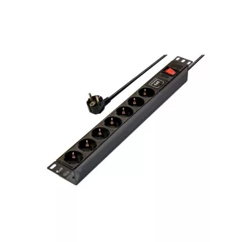   Rack 230 V-os elosztó 19"-os, 7 aljzattal, kapcsolóval, túlfeszültségvédett (rackeloszto7_fesz)