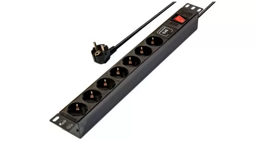 Rack 230 V-os elosztó 19"-os, 7 aljzattal, kapcsolóval, túlfeszültségvédett (rackeloszto7_fesz3)